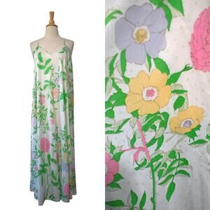 Vintage 70s Donald Brooks Maidenform Pastel Floral Green Polka Dot Nightgown